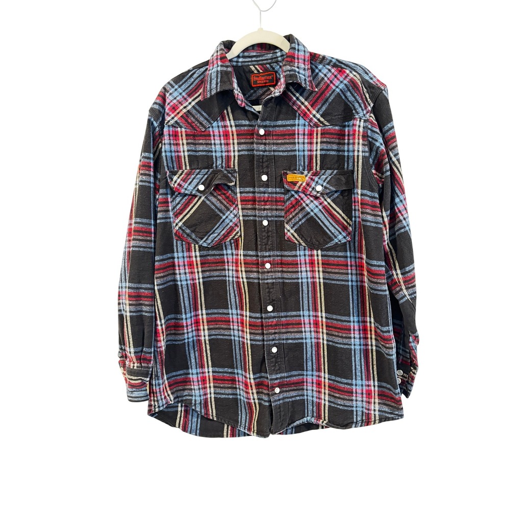 Vintage Five Brother Flannel Shirt Plaid Western Pearl Snap Mens XL 1980s